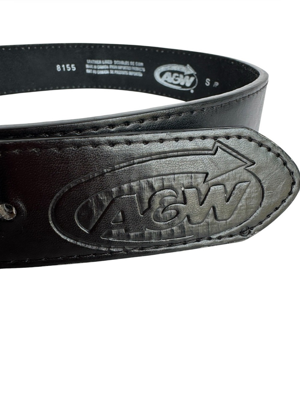 Vintage A&W Black Leather Belt Sz Small Embossed Logo Made in Canada RARE Unique
